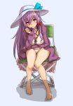  1girl absurdres amagi_(amagi626) barefoot bikini blue_bow bow chair commentary_request crescent crescent_hair_ornament full_body hair_between_eyes hair_bow hair_ornament hat hat_bow highres leaning_forward long_sleeves looking_at_viewer patchouli_knowledge purple_hair red_bow sitting solo sun_hat swimsuit touhou violet_eyes white_bikini white_hat 