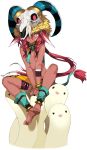  1girl :&lt; animal_ears barefoot bracelet braid breasts dark_skin jewelry jpeg_artifacts long_hair midriff monster official_art one_eye_covered pink_hair rance_(series) shiny shunin sidelocks sioux sitting skull small_breasts solo tail thigh_strap transparent_background twin_braids v_arms very_long_hair yellow_eyes 