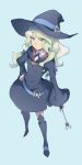  1girl blue_background blue_eyes boots collagen collared_shirt diana_cavendish dress full_body hand_on_hip hat little_witch_academia long_hair long_sleeves shirt simple_background solo wand white_hair wide_sleeves witch witch_hat 