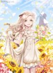  1girl animal_ears blade_&amp;_soul blonde_hair bouquet cat_ears cat_tail day dress field flower flower_field frills hair_flower hair_ornament highres long_hair looking_at_viewer outdoors parted_lips petals ravaniz rose smile solo strapless strapless_dress sunflower tail wavy_hair white_dress white_rose wind windmill yellow_eyes 