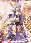  1girl absurdres black_legwear black_skirt blue_eyes breasts cleavage clouds fairy_wings greaves grey_hair h2o_(dfo) hair_ornament highres looking_at_viewer original outdoors polearm revision shield skirt solo standing weapon white_legwear wings 