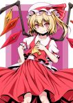  1girl ascot blonde_hair fang flandre_scarlet hat kimagure_blue looking_at_viewer mob_cap puffy_short_sleeves puffy_sleeves red_eyes short_hair short_sleeves side_ponytail smile solo standing touhou wings 