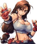  1girl amania_orz breasts brown_hair cleavage earrings elbow_pads final_fantasy final_fantasy_vii fingerless_gloves gloves jewelry large_breasts long_hair looking_at_viewer low-tied_long_hair midriff pencil_skirt red_eyes shirt skirt solo suspender_skirt suspenders tank_top taut_clothes taut_shirt tifa_lockhart upper_body 