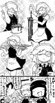  6+girls apron blush braid broom closed_eyes comic fairy_maid greyscale highres izayoi_sakuya long_hair maid maid_apron maid_headdress monochrome monocle mop multiple_girls needle nicetack plate pouring salt_bae_(meme) short_hair speech_bubble touhou translation_request wings 