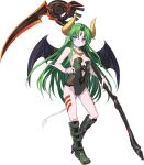  1girl blue_eyes boots breasts demon_girl demon_horns demon_tail demon_wings ferris_(rance) forehead_jewel full_body gluteal_fold green_hair holding holding_weapon horns long_hair looking_at_viewer medium_breasts official_art pointy_ears rance_(series) rance_03_leazas_kanraku scythe shunin solo tail transparent_background weapon wings 