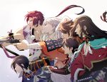  6+boys armor black_hair blue_eyes brown_hair closed_mouth drawing_sword earrings gradient gradient_background gun handgun horikawa_kunihiro izumi-no-kami_kanesada japanese_armor japanese_clothes jewelry katsugeki/touken_ranbu long_hair male_focus military military_uniform multiple_boys mutsu-no-kami_yoshiyuki open_mouth orange_eyes pointing purple_hair revolver short_hair simple_background sode t_k_g tonbokiri_(touken_ranbu) touken_ranbu tsurumaru_kuninaga uniform weapon white_hair yagen_toushirou 