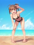  1girl ;d ahoge armpits bangs barefoot beach bent_over bikini black_bikini blue_sky breasts brown_hair cleavage clouds collarbone day drill_hair eyebrows_visible_through_hair full_body hair_ornament hair_scrunchie hand_on_own_knee hand_up idolmaster idolmaster_million_live! kamille_(vcx68) leaning_forward long_hair looking_at_viewer medium_breasts navel ocean one_eye_closed open_mouth outdoors sand scrunchie side-tie_bikini side_ponytail sidelocks sky smile solo standing stomach swimsuit teeth toes violet_eyes water_drop wet yokoyama_nao 