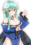  1girl absurdres aqua_hair bangs bare_shoulders blue_dress closed_mouth collarbone commentary_request detached_collar detached_sleeves dress eyebrows_visible_through_hair fate/grand_order fate_(series) hair_ornament hand_gesture highres horns japanese_clothes kiyohime_(fate/grand_order) long_hair looking_at_viewer moyoron sidelocks simple_background smile solo standing white_background yellow_eyes 