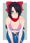  1girl ahoge bikini_top black_hair blush bow breasts character_request cleavage denim eyebrows_visible_through_hair green_eyes hair_bow hair_over_one_eye jeans large_breasts leaning_forward lips long_hair looking_at_viewer navel pants razalor red_bow red_scarf scarf solo thigh_gap 