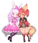  2girls animal_ears bench black_legwear boots bow brown_hair bunny_tail closed_eyes curly_hair dog_ears dog_tail dress elin_(tera) hair_ribbon high_heels highres knee_boots long_hair multiple_girls open_mouth pantyhose pink_dress pink_hair rabbit_ears ribbon shoes side_ponytail sitting sleeping smile tail tera_online toy-soul 