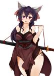  1girl animal_ears arceonn bare_shoulders bow breasts cat_ears cleavage hair_bow highres japanese_clothes katana kimono large_breasts long_hair noihara_himari obi omamori_himari open_mouth panties ponytail purple_hair round_teeth sash solo sword teeth underwear violet_eyes weapon 