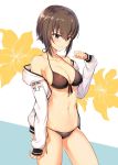  1girl arm_at_side bikini black_bikini black_eyes blush breasts brown_hair cleavage closed_mouth collarbone contrapposto cowboy_shot front-tie_bikini front-tie_top frown girls_und_panzer hair_between_eyes halterneck highres ikomochi medium_breasts navel nishizumi_maho off_shoulder short_hair side-tie_bikini simple_background sleeves_past_wrists solo swimsuit 