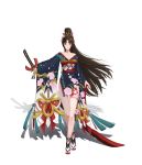  1girl absurdres bangs black_hair floral_print full_body hair_ornament highres holding holding_sword holding_weapon japanese_clothes long_hair onmyoji parted_bangs pink_eyes ponytail sandals shadow solo standing sword tassel toumei_no_hito very_long_hair weapon wide_sleeves yaodao_ji 