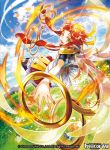 1girl blonde_hair copyright_name flower force_of_will long_hair low_twintails multicolored_hair nail_polish noki_(affabile) official_art open_mouth pantyhose petals pointy_ears redhead sky solo teeth twintails two-tone_hair wings yellow_eyes 