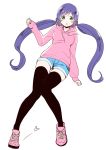  1girl :o black_legwear blush eyebrows_visible_through_hair full_body green_eyes hair_bobbles hair_ornament hand_up heart hood hoodie knees_touching long_hair looking_at_viewer love_live! love_live!_school_idol_project low_twintails open_mouth pink_shoes purple_hair shoes short_shorts shorts simple_background sleeves_past_wrists sneakers solo tanaka_(colorcorn) tareme thigh-highs thighs toujou_nozomi twintails white_background 
