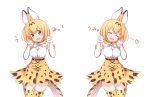  &gt;:d 1girl :d ^_^ animal_ears bangs blonde_hair blush breasts closed_eyes cowboy_shot eyebrows_visible_through_hair facing_viewer hands_up heart high-waist_skirt kemono_friends looking_at_viewer medium_breasts multiple_views open_mouth paw_pose serval_(kemono_friends) serval_ears serval_print serval_tail simple_background skirt smile tail tanaka_(colorcorn) tareme thigh-highs thighs white_background yellow_eyes zettai_ryouiki 