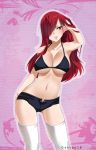  1girl absurdres armpits blush breasts brown_eyes cleavage collarbone erza_scarlet fairy_tail gaston18 hair_over_one_eye highres long_hair navel redhead shorts smile solo thigh-highs white_legwear 