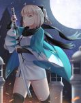  1girl ahoge arm_guards arm_up bangs black_bow black_scarf blonde_hair blurry bow closed_mouth commentary_request depth_of_field expressionless eyebrows_visible_through_hair fate_(series) full_moon green_eyes hair_bow half_updo haori highres holding holding_sheath holding_sword holding_weapon japanese_clothes ji_dao_ji katana kimono koha-ace long_sleeves looking_away moon moonlight night night_sky obi outdoors sakura_saber sash scabbard scarf sheath shinsengumi shiny shiny_hair short_hair short_kimono sky solo sparks star_(sky) starry_sky stone_lantern sword tree tsurime unsheathing vambraces walking weapon white_kimono wide_sleeves wind 