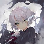  1girl assassin_of_black backlighting bandage bandaged_arm bangs black_cloak burning_eye cloak closed_mouth expressionless eyebrows_visible_through_hair fate/grand_order fate_(series) fog glint green_eyes hair_between_eyes hand_up head_tilt holding holding_knife holding_weapon knife looking_at_viewer multicolored multicolored_eyes saru scar scar_across_eye scar_on_cheek shiny shiny_hair short_hair silver_hair slit_pupils solo torn_cloak tsurime upper_body weapon wind yellow_eyes 