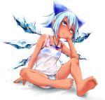 1girl barefoot blue_bow blue_hair blue_panties bow cirno feet full_body grey_eyes hair_bow hamuta0404 ice ice_wings looking_at_viewer panties pantyshot pantyshot_(sitting) polka_dot polka_dot_panties short_hair simple_background sitting solo sweat tan tank_top tanline tanned_cirno touhou underwear white_background wings 