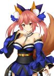  1girl absurdres animal_ears blue_legwear blush breasts cleavage detached_sleeves fate/extra fate/extra_ccc fate/grand_order fate_(series) fox_ears fox_tail hair_ribbon highres japanese_clothes large_breasts pink_hair ribbon simple_background solo tail tamamo_(fate)_(all) tamamo_no_mae_(fate) white_background yan_lie yellow_eyes 