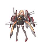  1girl black_coat black_legwear black_necktie blonde_hair breasts cannon cracking_knuckles double-breasted drill_hair full_body gloves hair_ornament large_breasts long_hair machinery microskirt military military_uniform necktie official_art pencil_skirt red_eyes remodel_(zhan_jian_shao_nyu) skirt smirk solo thigh-highs turret uniform warspite_(zhan_jian_shao_nyu) wave505 white_gloves zhan_jian_shao_nyu 
