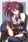  1girl armor bare_shoulders brown_eyes gloves hair_ornament highres monster_hunter nargacuga_(armor) redhead side_ponytail smile solo teeth thighs 