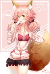  1girl animal_ears blush bra breasts cleavage collarbone dated fate/extra fate/extra_ccc fate/grand_order fate_(series) food fox_ears fox_tail highres ice jewelry large_breasts ltai necklace open_clothes open_shirt pink_bra pink_hair shirt signature solo sweat tail tamamo_(fate)_(all) tamamo_no_mae_(fate) tongue tongue_out underwear yellow_eyes 