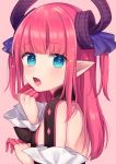  1girl back bangs blue_eyes blush fang fate/extra fate/extra_ccc fate_(series) gloves heart heart-shaped_pupils horns karokuchitose lancer_(fate/extra_ccc) long_hair looking_at_viewer looking_back open_mouth partly_fingerless_gloves pink_gloves pink_hair pointy_ears solo sparkle symbol-shaped_pupils upper_body wide_sleeves 