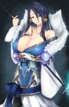  1girl black_hair blue_eyes blush breasts closed_mouth collarbone cowboy_shot dress earrings fur_trim highres japanese_clothes jewelry kaguya_hime_(sinoalice) kimono large_breasts long_neck long_sleeves looking_at_viewer off-shoulder_dress off_shoulder sinoalice skull smile solo tokorotn wide_sleeves 
