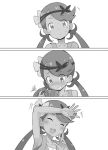  1girl 3koma apron arm_up armpits bare_shoulders blush blush_stickers closed_eyes collarbone comic dark_skin flower flower_on_head greyscale hair_flower hair_ornament hair_twirling looking_at_viewer mallow_(pokemon) monochrome nervous ookamiuo open_mouth overalls pokemon pokemon_(game) pokemon_sm shy simple_background solo sweatdrop textless trial_captain twintails upper_body white_background 