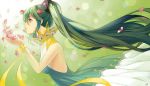  1girl artist_name bare_shoulders breasts cocoaabx dress from_side green green_dress green_eyes green_hair hair_between_eyes hair_ornament hands_up hatsune_miku high_collar long_hair looking_away medium_breasts parted_lips petals profile ribbon sleeveless sleeveless_dress solo twintails upper_body very_long_hair vocaloid wrist_ribbon yellow_ribbon 