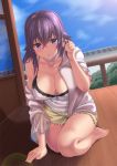  1girl bare_shoulders barefoot breasts cleavage collarbone konohana_enishi large_breasts long_hair looking_at_viewer original parted_lips purple purple_hair sengoku_aky shorts solo sweat thighs 