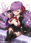  &gt;:) 1girl bb_(fate/extra_ccc) black_legwear boots breasts cloak eyebrows_visible_through_hair fate/extra fate/extra_ccc fate_(series) flower gloves hair_ribbon half-closed_eyes haoni high-waist_skirt impossible_clothes impossible_shirt large_breasts legs_crossed long_hair naughty_face petals purple_hair ribbon shirt skirt solo taut_clothes taut_shirt thigh-highs thigh_boots violet_eyes white_gloves wide_sleeves 