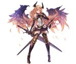  1girl armor bare_shoulders black_gloves black_skirt blonde_hair breasts dark_angel_olivia eyebrows_visible_through_hair feathers full_body gloves horns long_hair looking_at_viewer medium_breasts minaba_hideo official_art pleated_skirt red_eyes shadowverse shingeki_no_bahamut skirt sleeveless smile solo standing sword thigh-highs transparent_background weapon wings zettai_ryouiki 