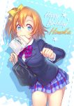  1girl bag blue_eyes blue_skirt blush bow breast_pocket dated duffel_bag eyebrows_visible_through_hair food food_in_mouth hair_bow kousaka_honoka looking_at_viewer love_live! love_live!_school_idol_project mouth_hold orange_hair pocket short_hair short_ponytail side_ponytail signature skirt smile solo toast toast_in_mouth wedo yellow_bow 