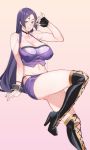  1girl boots breasts cleavage erect_nipples fate/grand_order fate_(series) fingerless_gloves gloves k52 large_breasts long_hair midriff minamoto_no_raikou_(fate/grand_order) purple_hair racequeen solo thigh-highs thigh_boots very_long_hair violet_eyes 