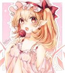  1girl artist_name babydoll bangs bat_earrings blonde_hair candy earrings fangs flandre_scarlet food hair_between_eyes hat hat_ribbon jewelry lollipop looking_at_viewer mob_cap mokokiyo_(asaddr) open_mouth pointy_ears red_eyes red_ribbon ribbon side_ponytail slit_pupils solo touhou upper_body wings 