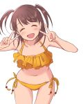  1girl :d ^_^ bangs bikini blush character_request closed_eyes collarbone cowboy_shot double_v eyebrows_visible_through_hair facing_viewer frilled_bikini frills idolmaster leaning_forward navel open_mouth orange_bikini simple_background smile solo swimsuit tanaka_(colorcorn) thighs v white_background 