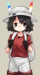  1girl backpack bag black_eyes black_gloves black_hair bucket_hat clenched_hands cowboy_shot gloves hat hat_feather highres kaban_(kemono_friends) kemono_friends looking_at_viewer mikan_(ama_no_hakoniwa) red_shirt scratches shirt short_hair shorts simple_background sketch smile solo 
