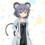  1girl adapted_costume animal_ears cato_(monocatienus) collarbone commentary_request grey_hair jewelry looking_at_viewer mouse_ears mouse_tail nazrin open_mouth pendant red_eyes short_hair simple_background solo tail touhou 