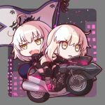  2girls ahoge blonde_hair chibi eyebrows_visible_through_hair fate/grand_order fate/stay_night fate_(series) ground_vehicle holding_flag jeanne_alter looking_away motor_vehicle motorcycle multiple_girls open_mouth ruler_(fate/apocrypha) saber saber_alter short_hair smile white_hair yellow_eyes yuki_shiro 