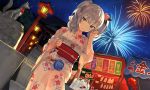  10s 1girl architecture blue_eyes breasts contemporary dutch_angle east_asian_architecture fireworks floral_print grey_kimono hair_ornament japanese_clothes kantai_collection kashima_(kantai_collection) large_breasts long_hair looking_at_viewer nanotaro night night_sky outdoors shrine sidelocks silver_hair sitting sky solo stairs star_(sky) starry_sky temple tsurime twintails wavy_hair wide_sleeves 