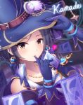  1girl adjusting_clothes adjusting_hat bangs black_hair blush breasts earrings gloves hat hayami_kanade heart idolmaster idolmaster_cinderella_girls jewelry looking_at_viewer necklace parted_bangs qixi_cui_xing short_hair smile solo witch_hat yellow_eyes 