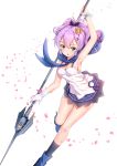  :o arm_up bilan_hangxian blue_eyes breasts byakuya_reki cleavage crown gloves hair_ribbon javelin_(bilan_hangxian) petals polearm pose purple_hair ribbon solo spear weapon 