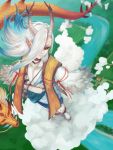  1boy barefoot black_sclera clouds crossed_arms dragon eastern_dragon from_above horn ichimokuren_(onmyoji) jewelry nail_polish necklace onmyoji pale_skin pointy_ears red_eyes red_nails river rorira solo standing white_hair 