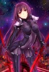  1girl absurdres alexwithoutwing armor bodysuit breasts covered_navel fate/grand_order fate_(series) gae_bolg highres holding holding_weapon long_hair looking_at_viewer medium_breasts pauldrons polearm purple_bodysuit purple_hair red_eyes scathach_(fate/grand_order) shoulder_armor skin_tight smile solo spear weapon 