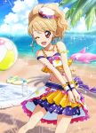  1girl aikatsu! aikatsu!_photo_on_stage!! anchor_earrings anchor_symbol ball bangs beach beachball blonde_hair chains clouds day earrings flip-flops frills hat highlights highres inflatable_dolphin inflatable_toy jewelry multicolored_hair natsuki_mikuru necklace ocean one_eye_closed open_mouth palm_tree pink_eyes ponytail sailor_hat sand sandals shirt skirt sky sleeveless sleeveless_shirt smile sunlight tree water 