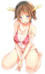  10s 1girl bikini blush breasts brown_hair cleavage full_body headgear hiei_(kantai_collection) highres kantai_collection large_breasts looking_at_viewer navel open_mouth red_bikini remodel_(kantai_collection) see-through short_hair side-tie_bikini simple_background sitting skindentation solo sune_(mugendai) swimsuit swimsuit_under_clothes violet_eyes wariza white_background 