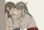  10s 2girls against_wall angry blue_tasuki blush brown_hair clenched_hand closed_mouth clothes_grab d.y.x. eye_contact eyes_visible_through_hair female grey_hair hair_between_eyes hair_down hair_ribbon hand_up hands incipient_kiss japanese_clothes kaga_(kantai_collection) kantai_collection long_hair looking_at_another multiple_girls neck open_mouth ribbon round_teeth shaded_face short_sleeves tasuki teeth twintails white_ribbon wide_sleeves wrist_grab yuri zuikaku_(kantai_collection) 